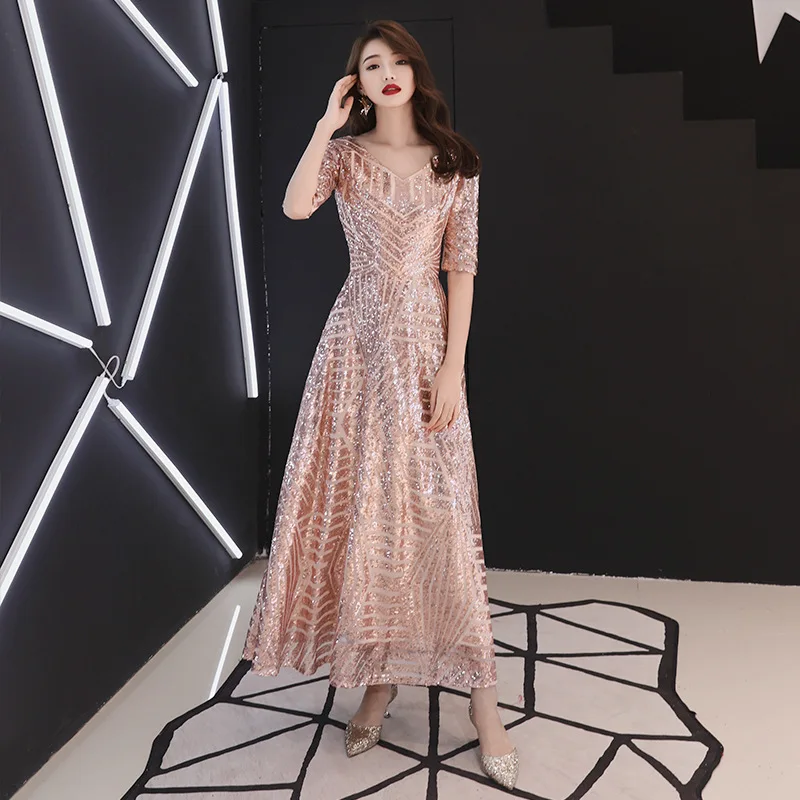 

Sequins Chinese Oriental Wedding Female Pink Cheongsam Vintage Evening Dress Elegant Celebrity Banquet Dresses Oversize 3XL