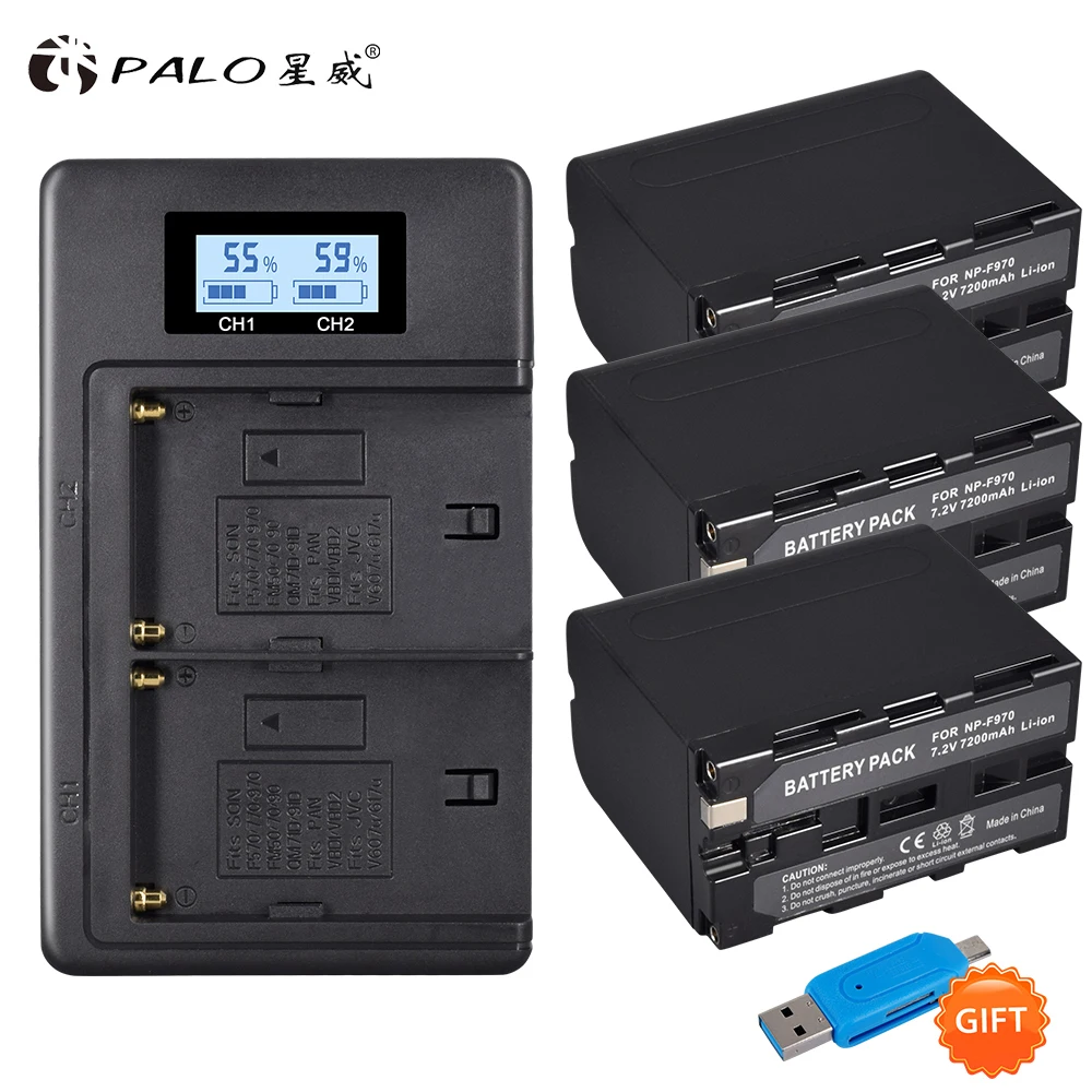 

PALO For Sony 3Pcs 7.2V 7200mAh NP-F960 NP-F970 Rechargeable Battery MC1500C 190P 198P F950 MC1000C TR516 TR555 with LCD Charger