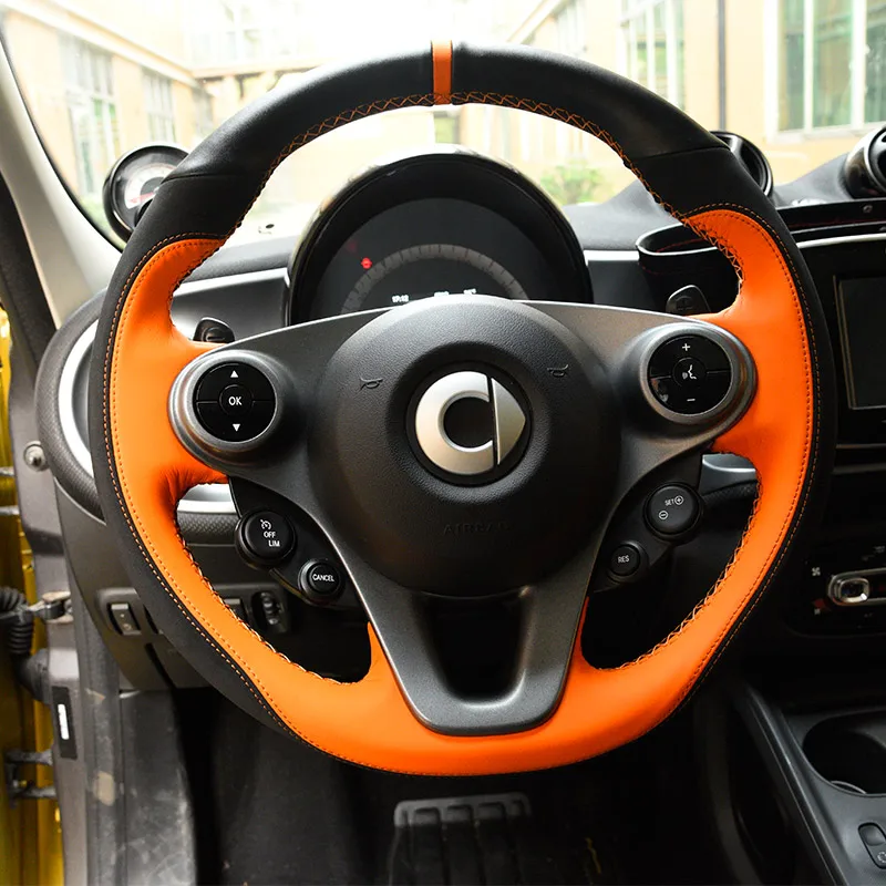 453 Black orange Автомобильный интерьер диаметр 38 см автомобиль DIY натуральная кожа рулевое колесо Чехлы для smart 453 fortwo forfour аксессуары для укладки - Название цвета: 453 Black orange