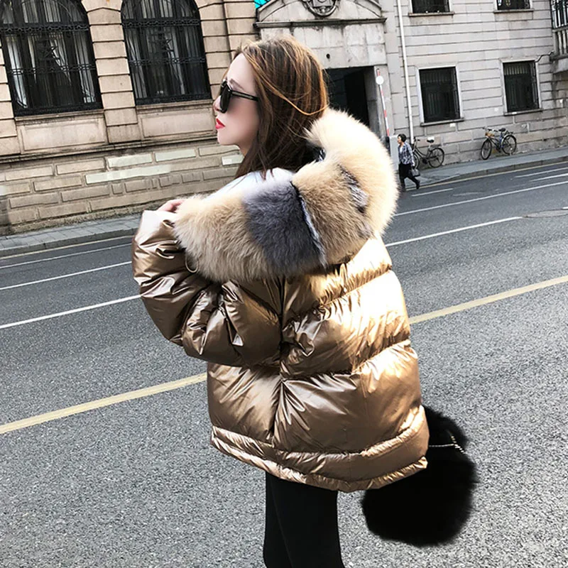 Женское зимнее пальто, куртка-пуховик на белом утином пуху, короткая, chaqueta mujer, с капюшоном, с натуральным лисьим мехом, doudoune femme hiver, розовая парка размера плюс