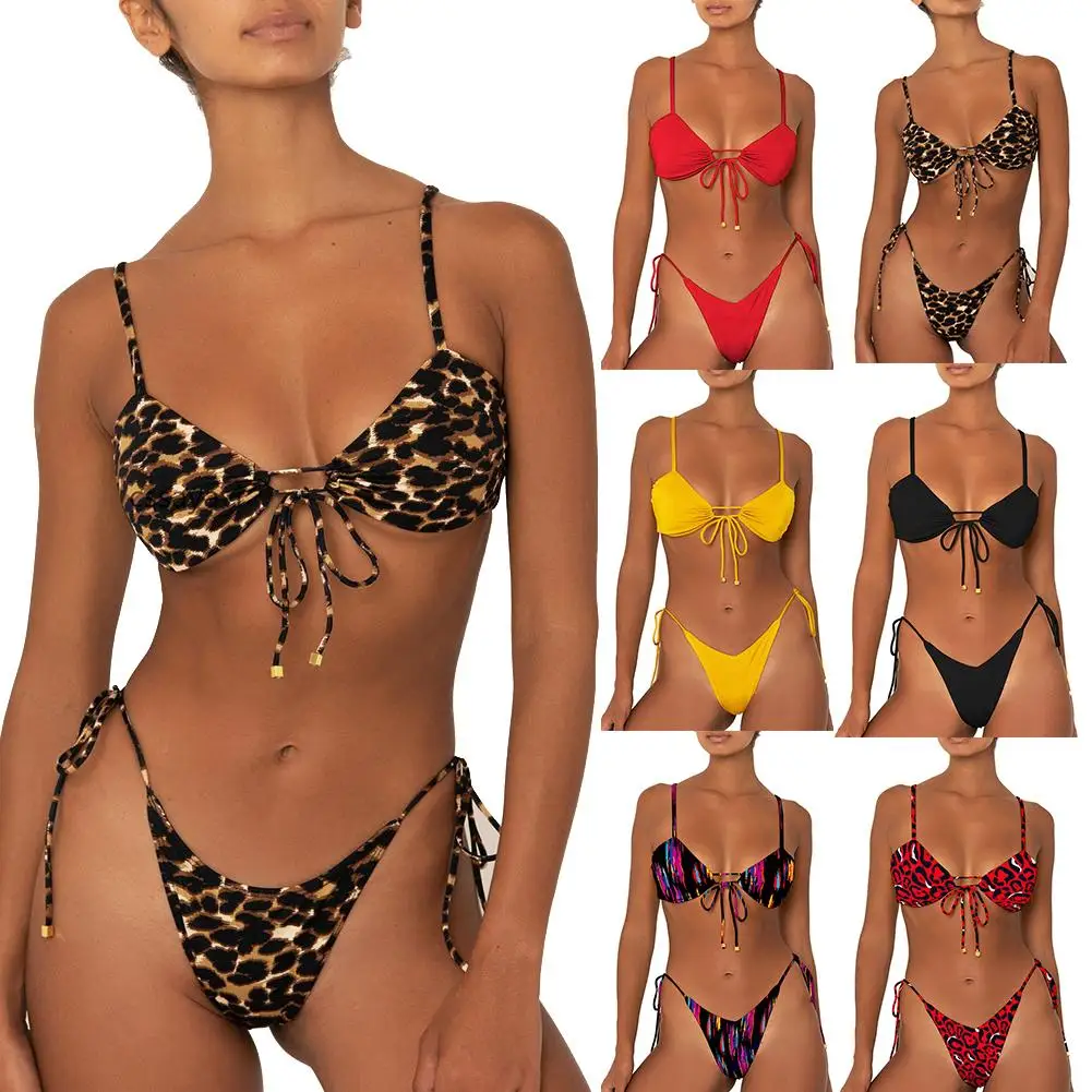 

Hot Leopard Print Solid Color Bandage Bikini Set Women Two-piece Swimsuit Swimwear