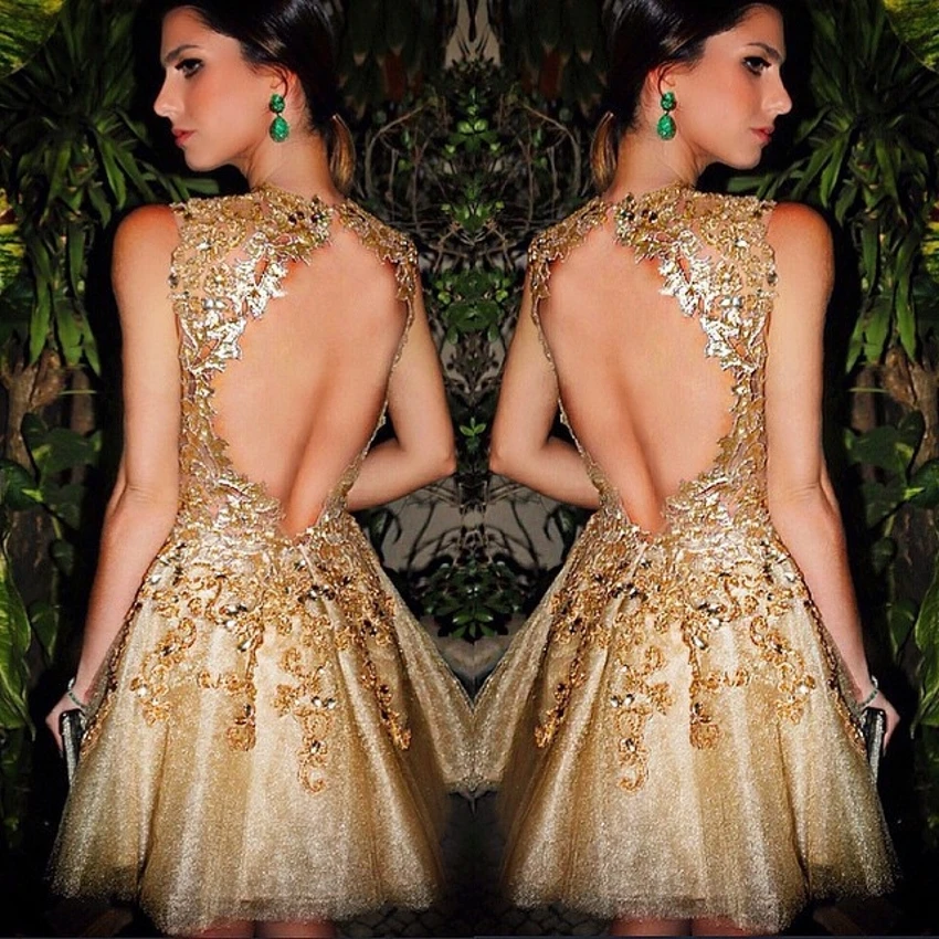 Пром платья 2016 золотой короткие высокого шеи рукавов с плеча платье-линии