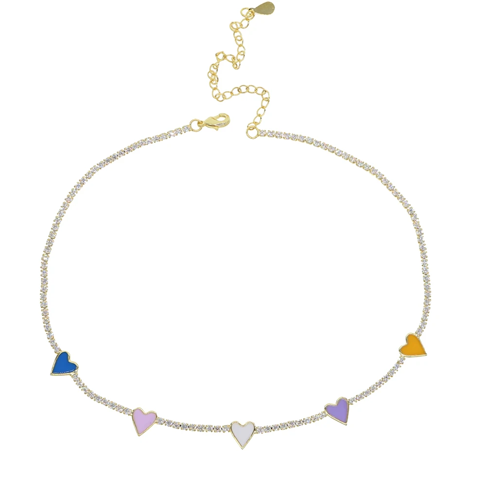 2021 summer gift women jewelry tennis cz choker thin chain rainbow heart charm white pink yellow purple colorful necklace | Украшения и
