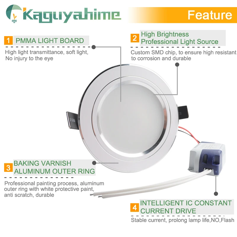 Kaguyahime-luz descendente LED de 3W, 5W, 7W, 12W, 18W, muy brillante, CA 110V, 220V, Panel redondo empotrado, foco LED de luz, 10 Uds.
