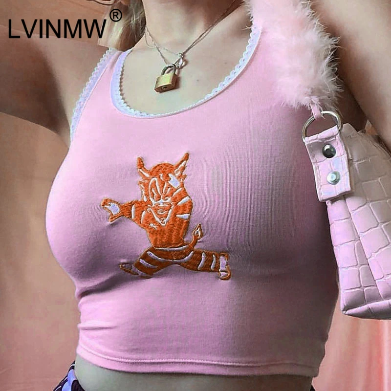 LVINMW, сексуальные кружевные топы с вышивкой монстра, лето, женские облегающие топы без рукавов с круглым вырезом, женские уличные Топы