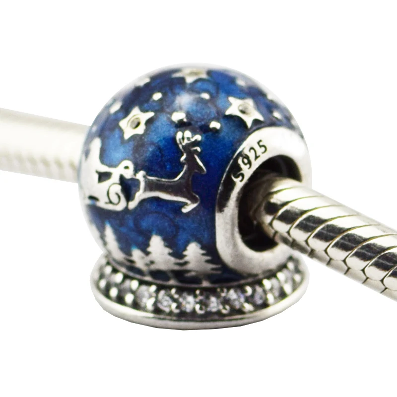 2017 зимние подходят для браслетов Pandora шармы рождественские ночные бусины с синей