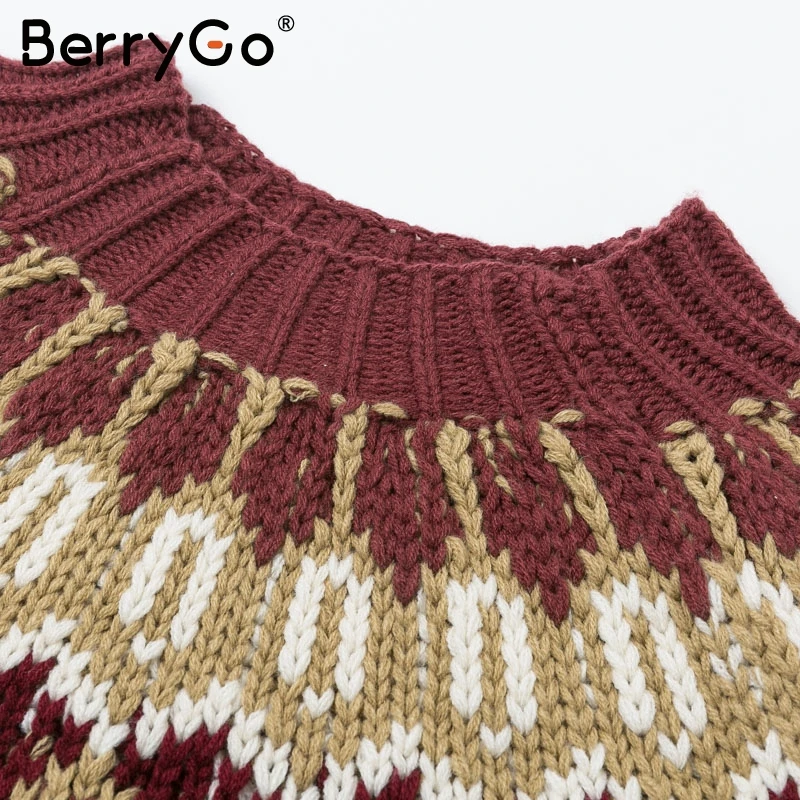 BerryGo Vintage geometric women pullover Long sleeve oversize female knitted sweater jumper Autumn winter casual ladies sweaters | Женская