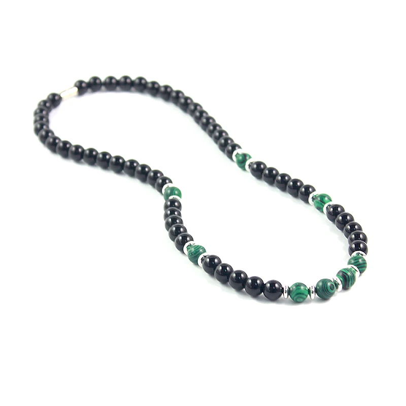 

Original Design Black Onyx 8mm Round Beads Necklace with Green Malachite Beads Handmade Natural Stone Jewelry for Men and Women