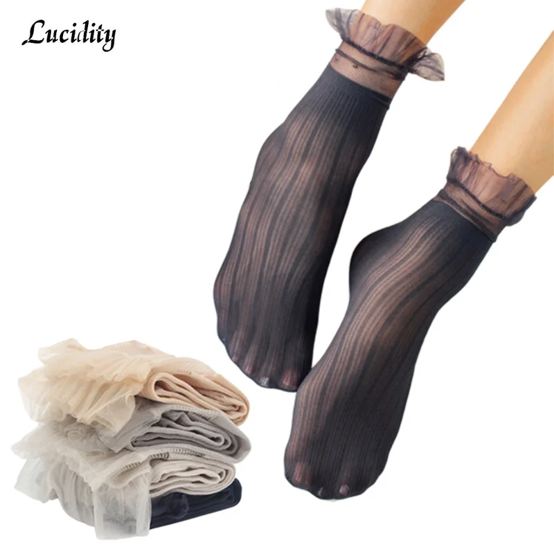 Летние женские носки с гусиным пухом кружевные ультратонкие со сборкой пар/лот = 4