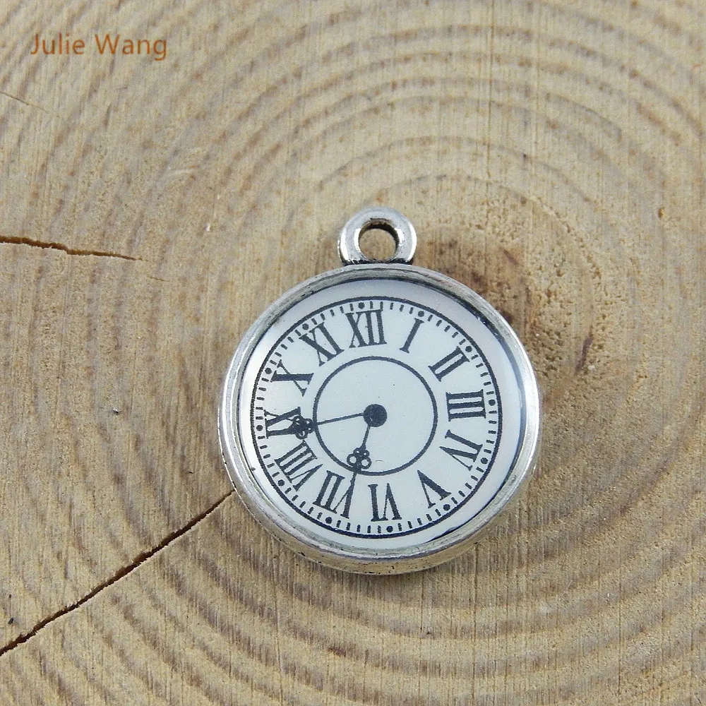 Julie Wang 10PCS Antique Silver Color Alloy Single Face Clocks Charms Pendants Jewelry Accessory Suspension Necklace 51665|charm pendant|clock
