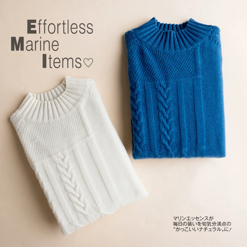 Cashmere Sweater White Female Mock Neck Coarse Knitting Long Sleeve Pullover Blue Thick Wool Turtlneck Women's Jumper Irregular | Женская