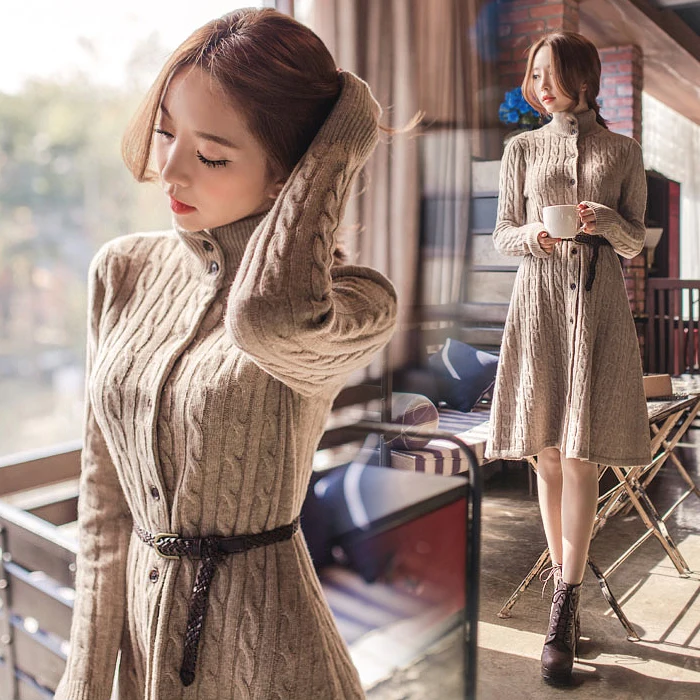 Новинка, Женское зимнее пальто в южнокорейском стиле, длинный кардиган с завязками, вязаные платья-свитеры, Утепленные зимние платья от AliExpress RU&CIS NEW