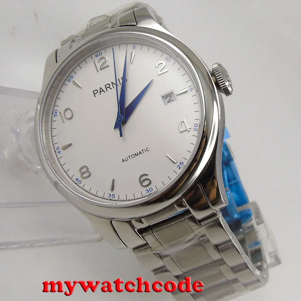 Парниш 38 мм дата с белым циферблатом сапфировое стекло автоматические мужские