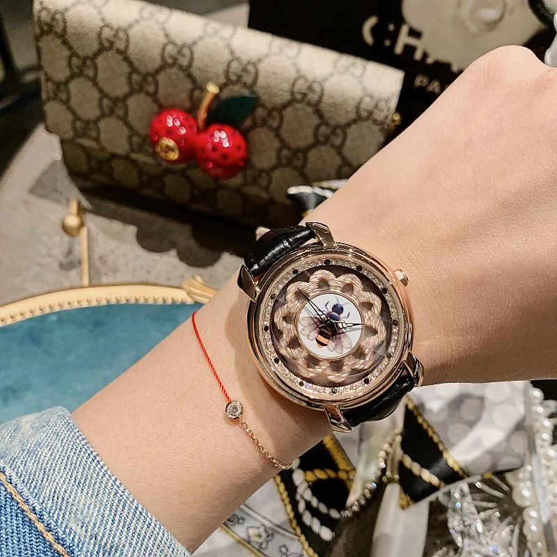 

Top Quality Luxury lady Crystal Watch Women Dress watch Genuine Leather Rotation Watches Rotate Female Wristwatches
