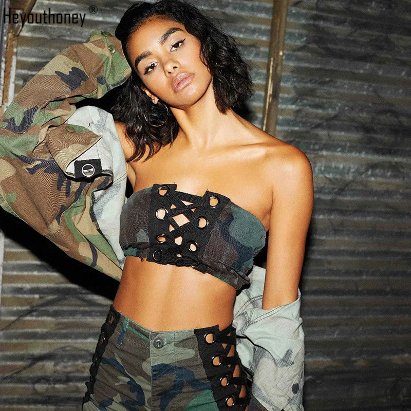 Heyouthoney denim camo без рукавов с открытыми плечами крест на шнуровке повязки бретелях