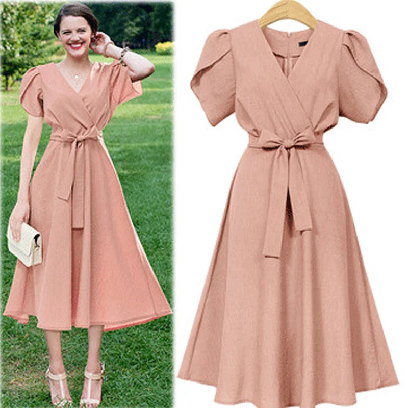 

2020 short sleeve V neck sashes A line long women dress elegant vintage empire waist party evening female dress vestido size