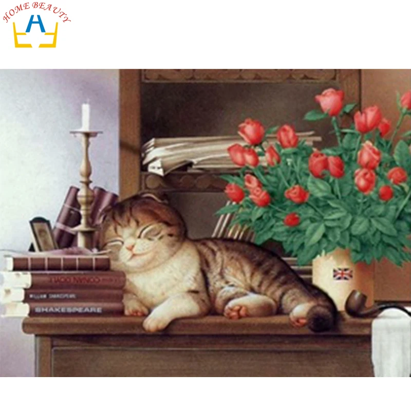 New arrivals full color rhinestones diamond picture of sleeping cat 5D DIY drill cross stitch for living room AJ394 | Дом и сад