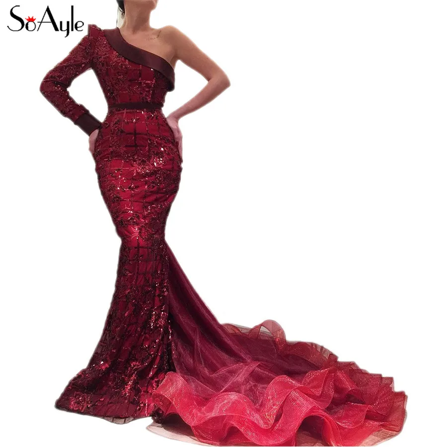 

SoAyle Mermaid Evening Dresses 2018 One Shoulder Luxurious Sequins Arabia Dubai Fashion Prom Dresses Vestidos de festa longo