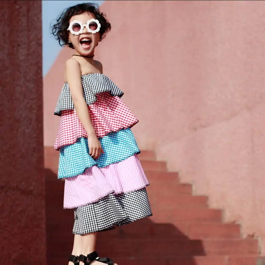 Brand Girls strapless dress plaid ruffles children off shulder sleeveless cake holiday beach summer ws534 | Детская одежда и обувь