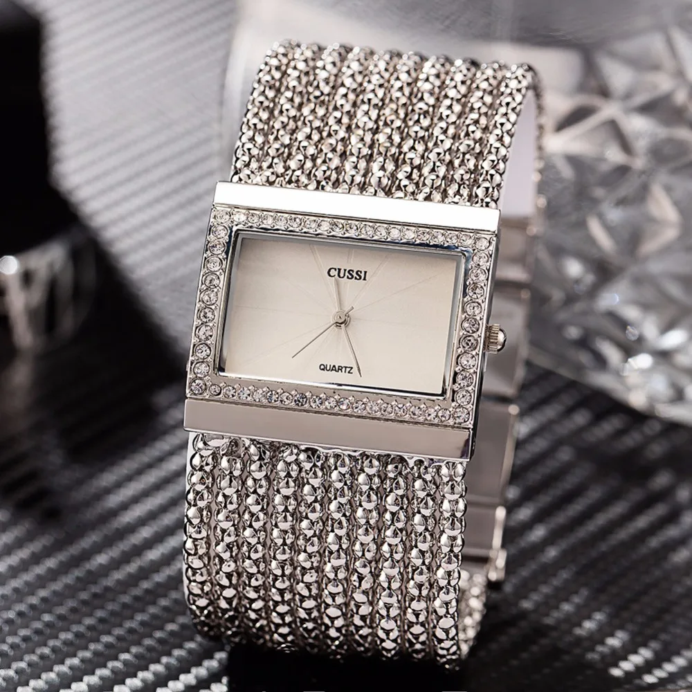 

2018 New CUSSI Luxury Brand Womens Quartz Wristwatches Ladies Bracelet Watches Dress Clock Square Generous Reloj Mujer Silver