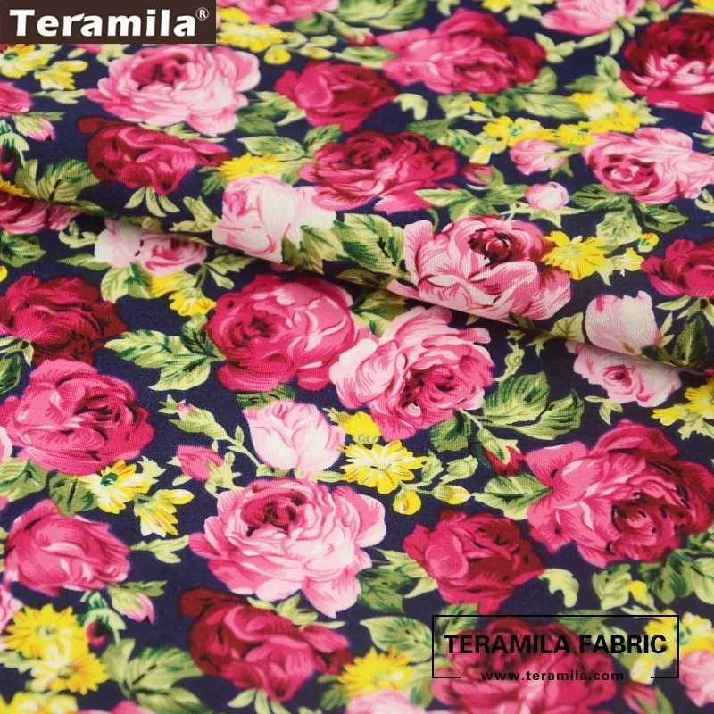 Teramila Cotton Poplin Fabric Printed Blooming Flower Style Dark Navy Cloth Shirt Handwork Fat Quarter Meter Textile Patchwork | Дом и сад