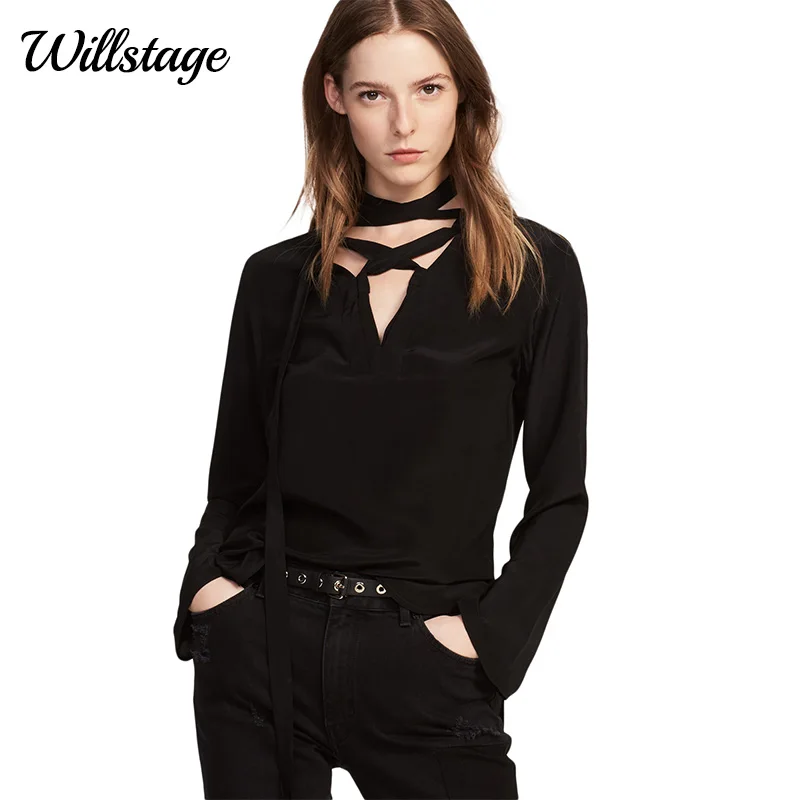 Блузка Willstage с длинным рукавом и бантом спереди на шнурках однотонная элегантная