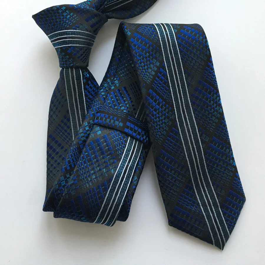 

Designer Panel Ties Fashion Casual Skinny Necktie Royal Blue with White Stripes Black Plaids Free Shipping