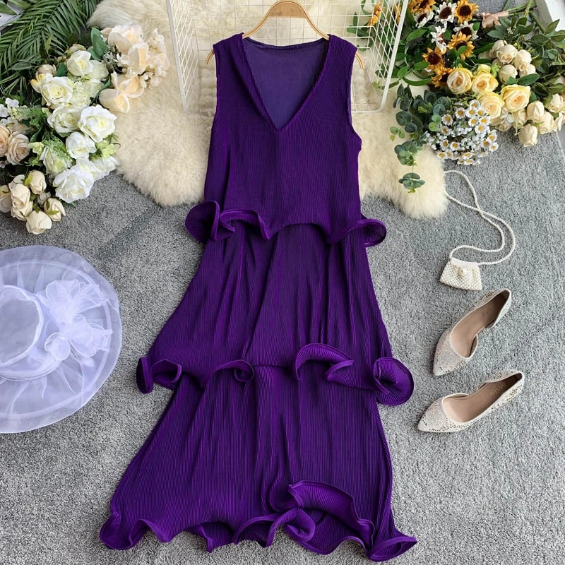 Женское плиссированное платье ALPHALMODA многослойное с оборками V образным вырезом