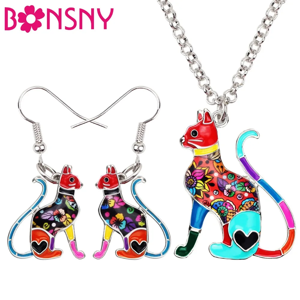 

Bonsny Enamel Alloy Elegant Sitting Kitten Cat Earrings Necklace Jewelry Sets For Women Girls Teens Gift Wholesale Bijoux Charms