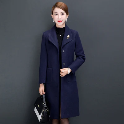Navy blue Элегантное женское Шерстяное Пальто зимнее длинное шерстяное пальто среднего возраста размера плюс толстая верхняя одежда теплая шерстяная куртка женская 5XL TY321 - Цвет: Navy blue