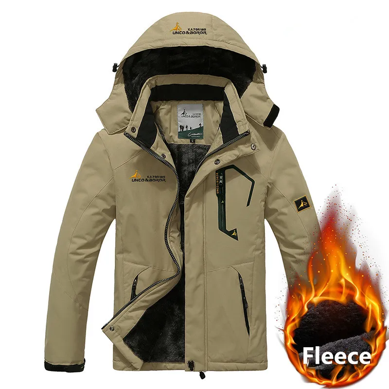 khaki fleece Зимняя мужская куртка для снежной погоды, теплая Толстая бархатная парка, верхняя одежда, ветрозащитная Водонепроницаемая Флисовая теплая куртка с капюшоном для мужчин размера плюс 6XL - Цвет: khaki fleece