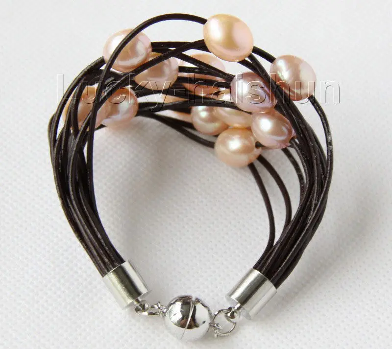 

FREE shipping 8" 13mm 15row pink purple pearls wine red leather bracelet j9663