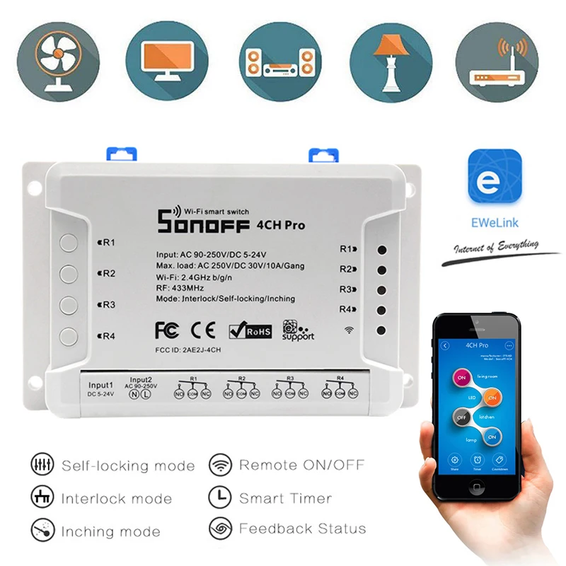 Sonoff 4CH R2 PRO Smart Switch 4 канала 433 МГц Wifi Пульт дистанционного управления умные модули