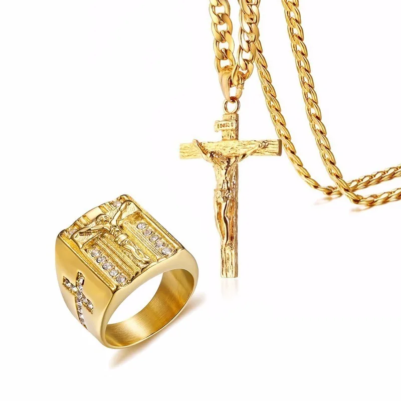 

Men Religion Jewelry Set Gold Tone Cross Jesus Stainless Steel Pendant Necklace and Jesus Cross White Cubic Zirconia Ring Sets