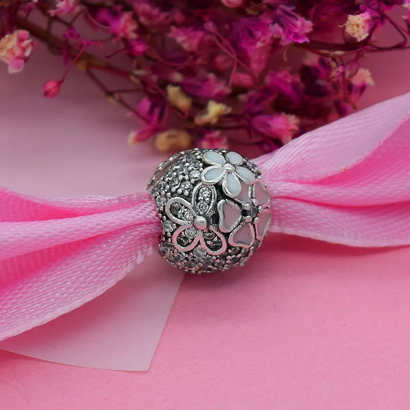 Yanxizao Серебро 925 женские CZ Бусины Fit Pandora Циркон розовый цветок браслет кулон