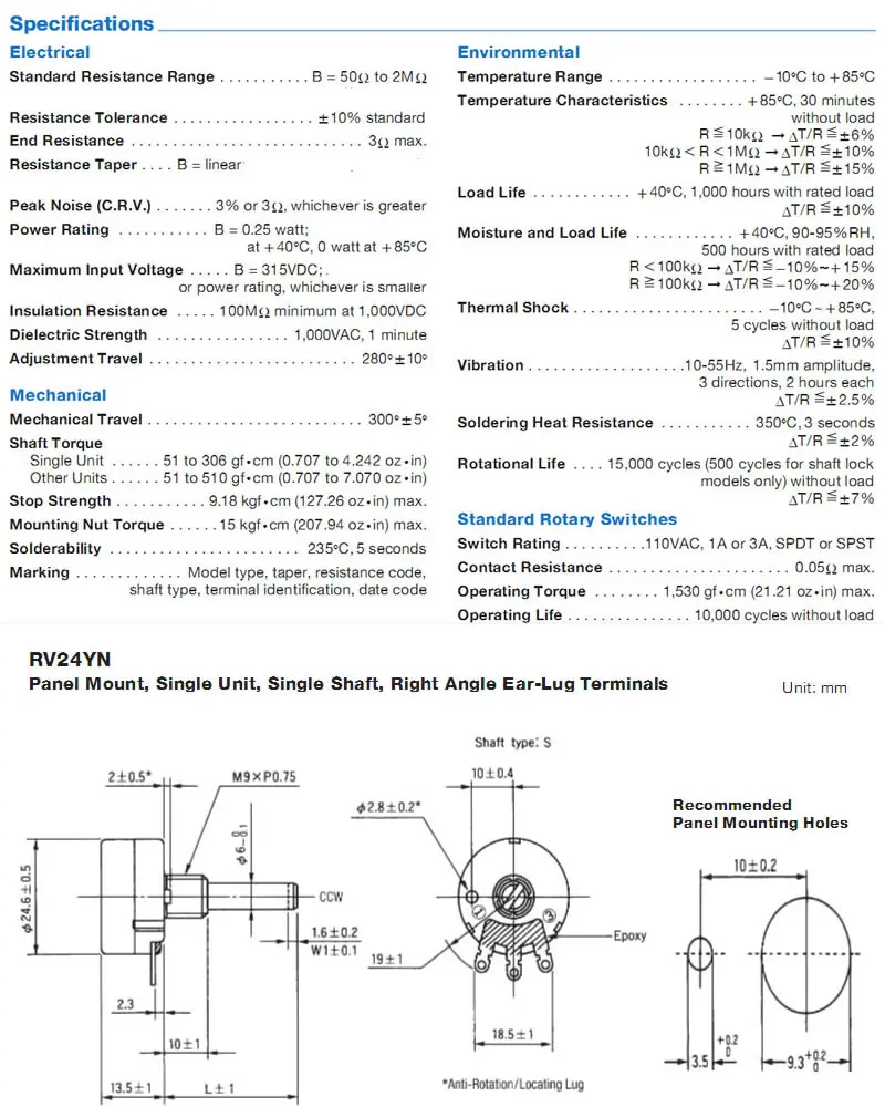 RV24YN20S B201 B501 B102 B202 B502 B103 B203 B503 B104 B204 B254 B504 B105 500 Ом 10K 20K 50K 100K 200K Ом Потенциометр