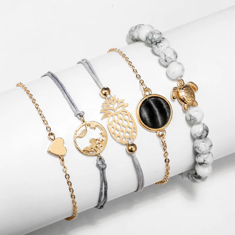 5 Pcs/Set Bohemian Turtle Pineapple Heart Map Charm Bangles For Women Fashion Beads Strand Bracelets Sets Jewelry Gifts | Украшения и