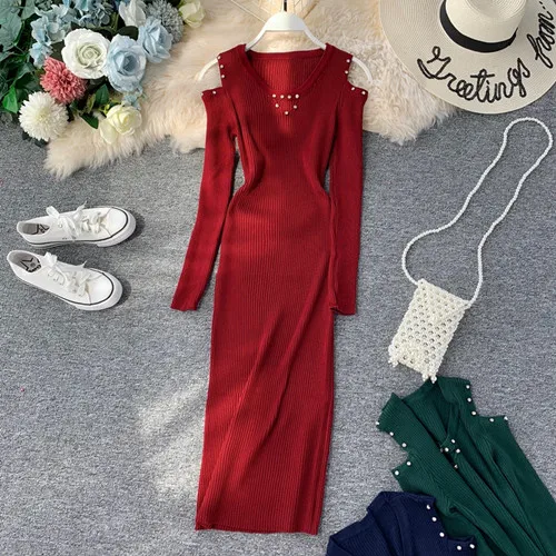 wine red Винтажное тонкое осеннее платье с v-образным вырезом и открытыми плечами, зимний облегающий вязаный свитер, длинное платье миди, вечерние элегантные женские платья - Цвет: wine red