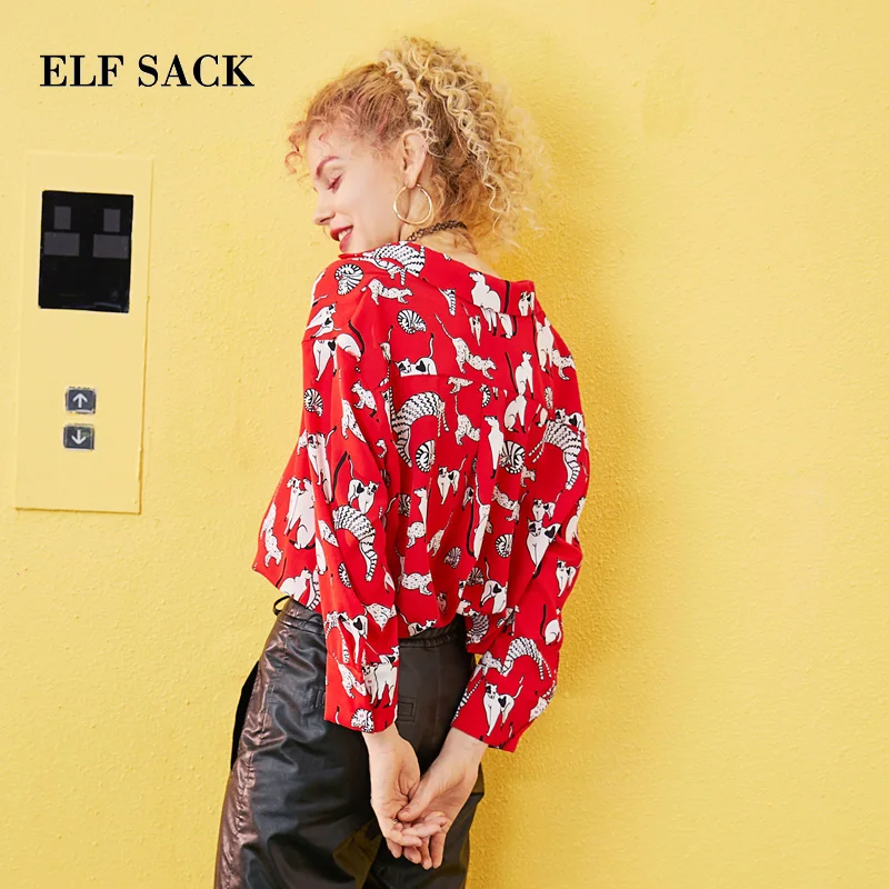 ELF SACK 2019 Summer New Woman Oversized Chiffon Shirts Knitted Floral Vintage Women Blouse Turn-down Collar Ladies Tops |