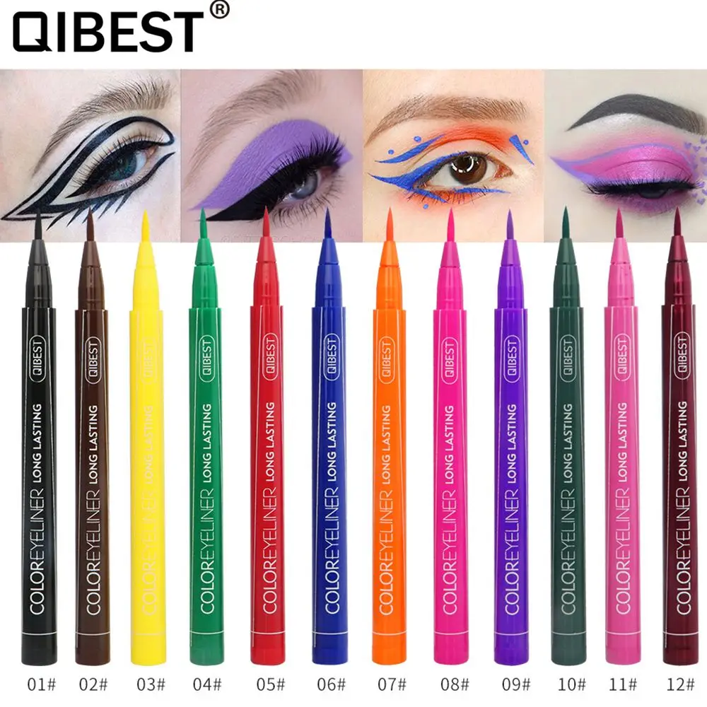 QIBEST, 12 цветов, матовая подводка для глаз, жидкая, желтая, зеленая, синяя, розовая, водостойкая, стойкая косметика для глаз