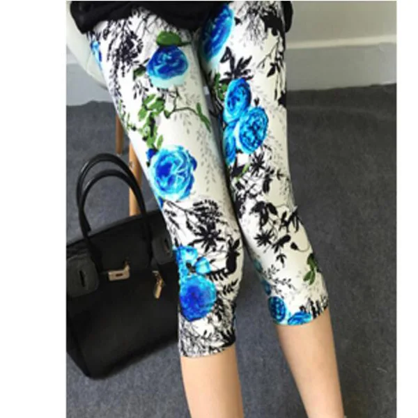 K277 Blue flowers 7 INDJXND, летние леггинсы с принтом, женские узкие брюки, повседневные, эластичная талия, с буквенным принтом, в полоску, короткие леггинсы, клетчатые, женские леггинсы - Цвет: K277 Blue flowers 7