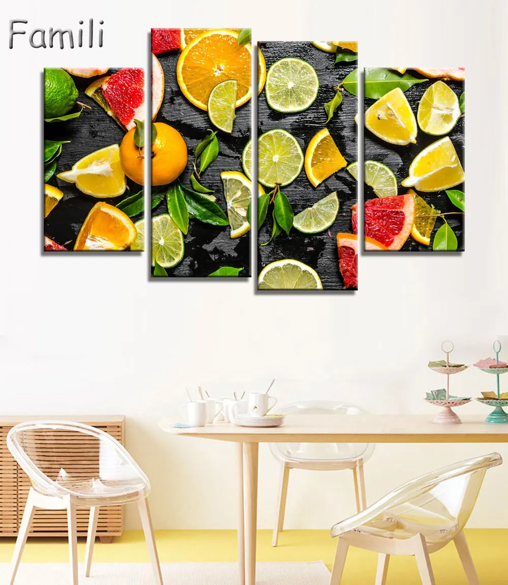4 панели Современная мультяшная Картина на холсте с фруктами клубникой мороженым