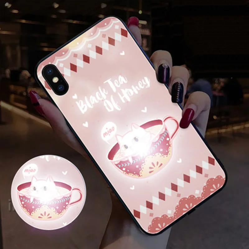 EKIND Cat серия чехол из закаленного стекла для телефона для iPhone X XS XSMAX светодиодный логотип Вспышка стеклянный чехол для iPhone защитный чехол для телефона