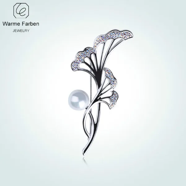 Warme Farben, модные броши в виде листьев для женщин, кристалл от Swarovski, инкрустированные стразы, жемчужные броши, аксессуары для костюма, пальто, булавки - Цвет камня: white pearl