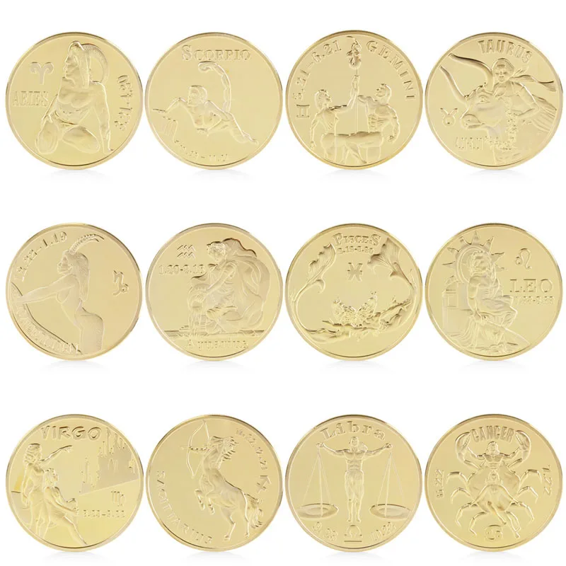 

12Pcs Gold Plated Twelve 12 constellation Commemorative Coin Collection Physical -Y102