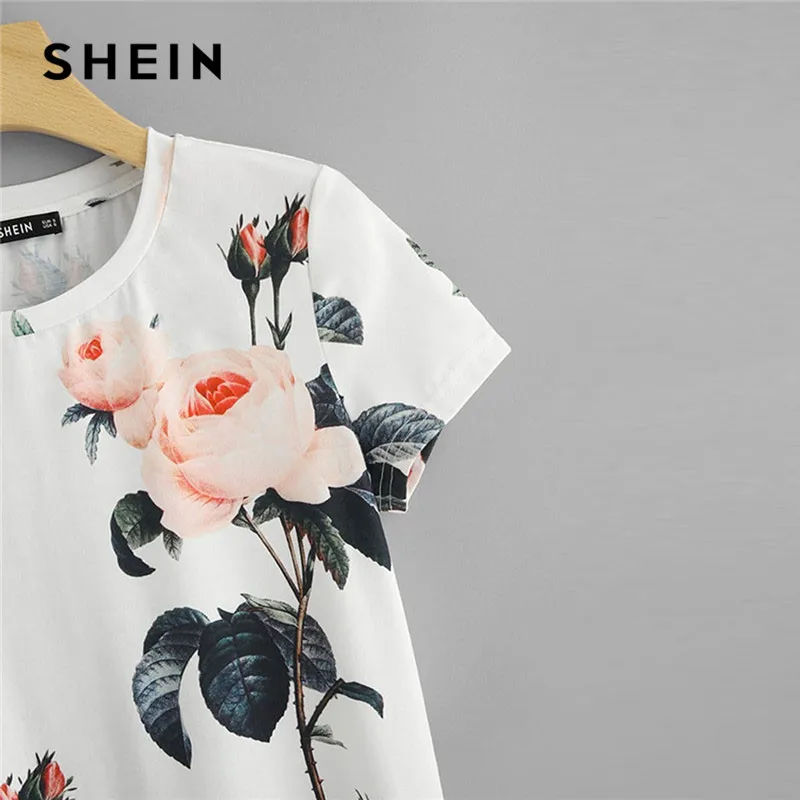 SHEIN, женская футболка с круглым вырезом и цветочным принтом,, Повседневная летняя футболка с коротким рукавом, белые женские топы на выход