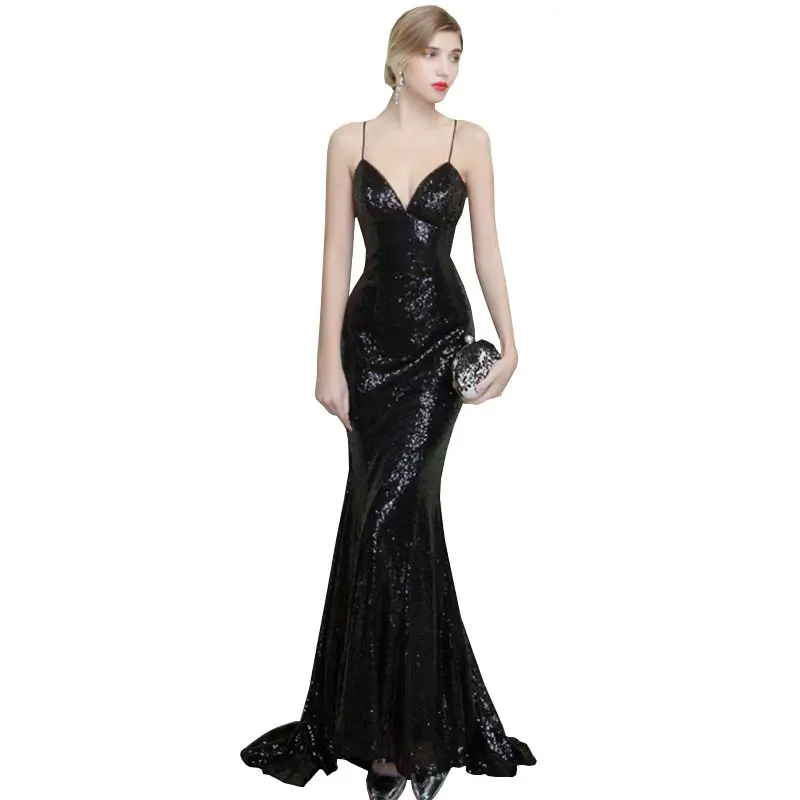 2018 New Summer V neck Sexy Long Party Dress Black Fish Tail Sequins Gorgeous Dresses Party Slim Female Dew Back Dress WZ458