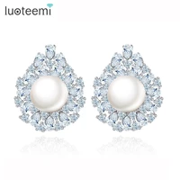 luoteemi free shipping small size waterdrop imitation pearl stud earrings pave clear cz stone fashion jewelry