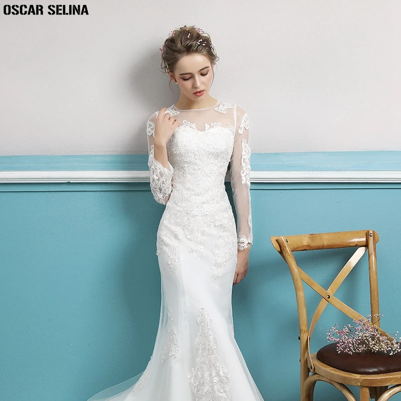 OSCAR SELINA Vestido de noiva2019 новое из кружева с вырезом на шее длинным рукавом сексуальное
