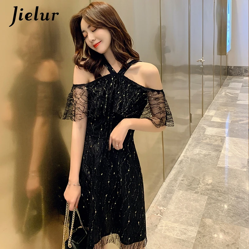 

Jielur Halter Ladies Dress Lace Patchwork Elegant High Waist A-line Sexy Dress Women Short Sleeved Korean Black Sukienka Letnia